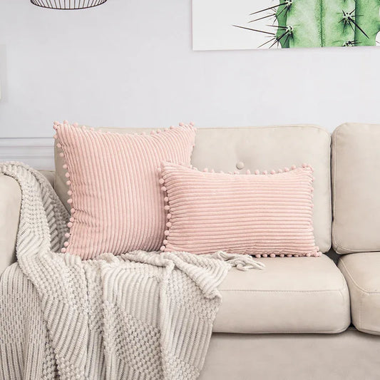 Pink Soft Corduroy Cushion Cover Set (1 Square + 1 Rectangular) with Pom Pom Trim - Decorative Throw Pillow Cases for Sofa Couch - Mekamart Australia