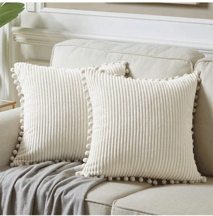 Pink Soft Corduroy Cushion Cover Set (1 Square + 1 Rectangular) with Pom Pom Trim - Decorative Throw Pillow Cases for Sofa Couch - Mekamart Australia
