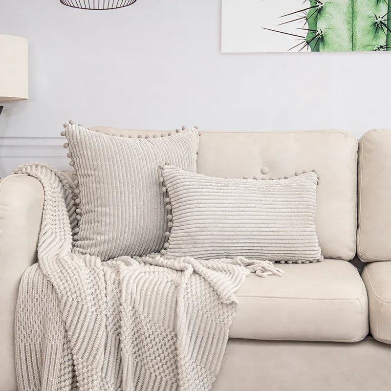 Light Grey Soft Corduroy Cushion Cover Set (1 Square + 1 Rectangular) with Pom Pom Trim - Decorative Throw Pillow Cases for Sofa Couch - Mekamart Australia