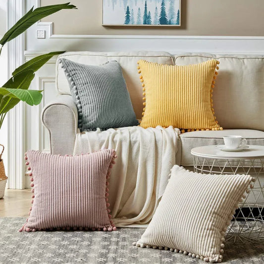 Beige Soft Corduroy Cushion Cover Set (1 Square + 1 Rectangular) with Pom Pom Trim - Decorative Throw Pillow Cases for Sofa Couch - Mekamart Australia