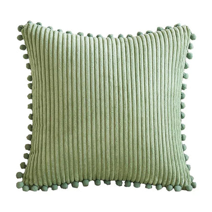 Beige Soft Corduroy Cushion Cover Set (1 Square + 1 Rectangular) with Pom Pom Trim - Decorative Throw Pillow Cases for Sofa Couch - Mekamart Australia