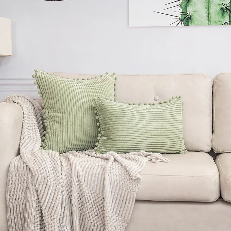 Light Green Soft Corduroy Cushion Cover Set (1 Square + 1 Rectangular) with Pom Pom Trim - Decorative Throw Pillow Cases for Sofa Couch - Mekamart Australia