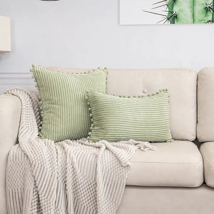 Light Green Soft Corduroy Cushion Cover Set (1 Square + 1 Rectangular) with Pom Pom Trim - Decorative Throw Pillow Cases for Sofa Couch - Mekamart Australia