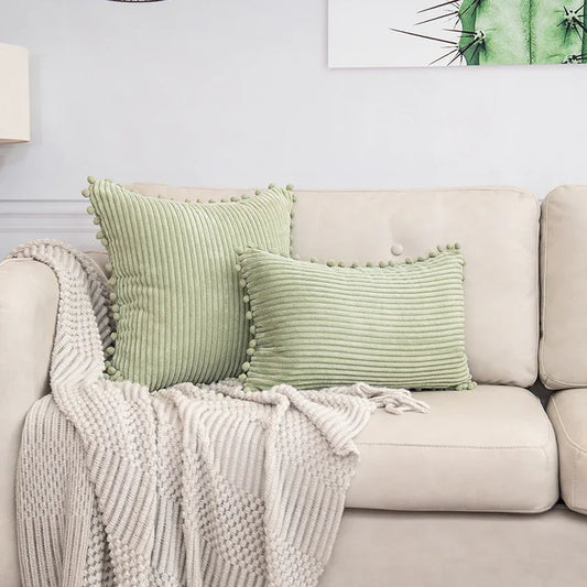 Light Green Soft Corduroy Cushion Cover Set (1 Square + 1 Rectangular) with Pom Pom Trim - Decorative Throw Pillow Cases for Sofa Couch - Mekamart Australia