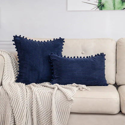 Navy Blue Soft Corduroy Cushion Cover Set (1 Square + 1 Rectangular) with Pom Pom Trim - Decorative Throw Pillow Cases for Sofa Couch - Mekamart Australia
