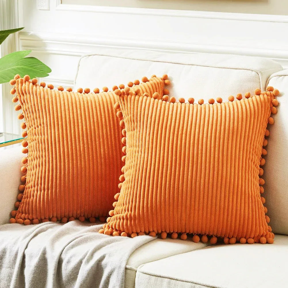 Orange Soft Corduroy Cushion Covers with Pom Pom Trim - Set of 2 Decorative Throw Pillow Cases for Sofa Couch Bed, 45x45cm - Mekamart Australia