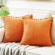 Orange Soft Corduroy Cushion Covers with Pom Pom Trim - Set of 2 Decorative Throw Pillow Cases for Sofa Couch Bed, 45x45cm - Mekamart Australia