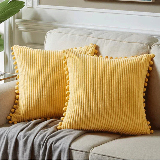 Yellow Soft Corduroy Cushion Covers with Pom Pom Trim - Set of 2 Decorative Throw Pillow Cases for Sofa Couch Bed, 45x45cm - Mekamart Australia