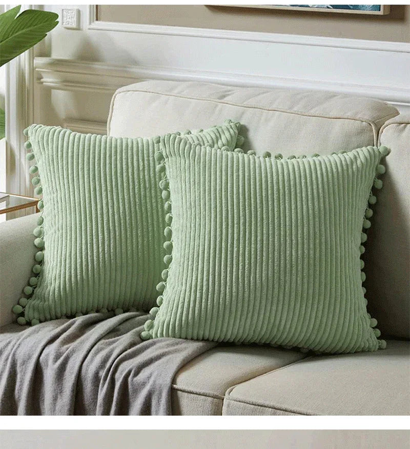 Light Green Soft Corduroy Cushion Covers with Pom Pom Trim - Set of 2 Decorative Throw Pillow Cases for Sofa Couch Bed, 45x45cm - Mekamart Australia