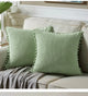 Light Green Soft Corduroy Cushion Covers with Pom Pom Trim - Set of 2 Decorative Throw Pillow Cases for Sofa Couch Bed, 45x45cm - Mekamart Australia