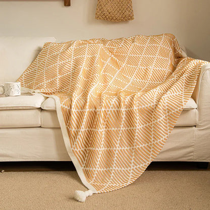 Yellow and Beige Diamond Pattern Soft Cozy Knit Throw Blanket with Tassels - Geometric Pattern Lightweight Acrylic Blanket for Sofa Couch Bed, 130x150cm - Mekamart Australia