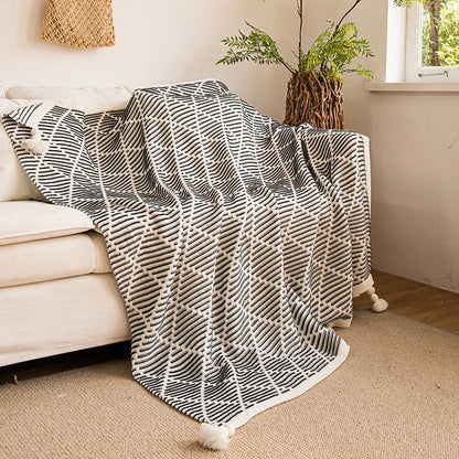 Black and Beige Diamond Pattern Soft Cozy Knit Throw Blanket with Tassels - Geometric Pattern Lightweight Acrylic Blanket for Sofa Couch Bed, 130x150cm - Mekamart Australia
