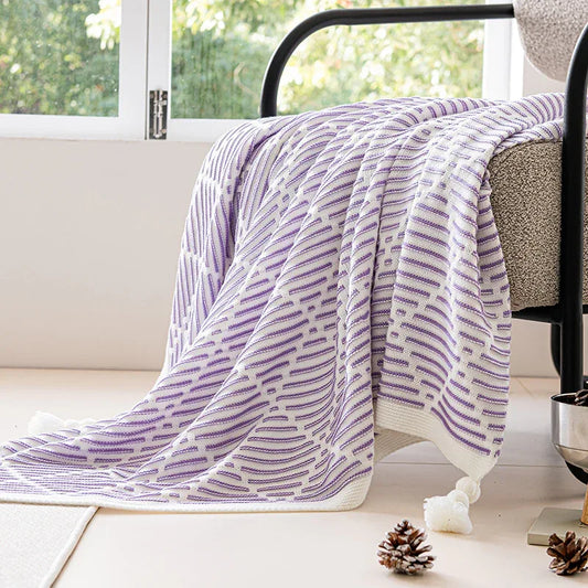 Purple and Beige Diamond Pattern Soft Cozy Knit Throw Blanket with Tassels - Geometric Pattern Lightweight Acrylic Blanket for Sofa Couch Bed, 130x150cm - Mekamart Australia