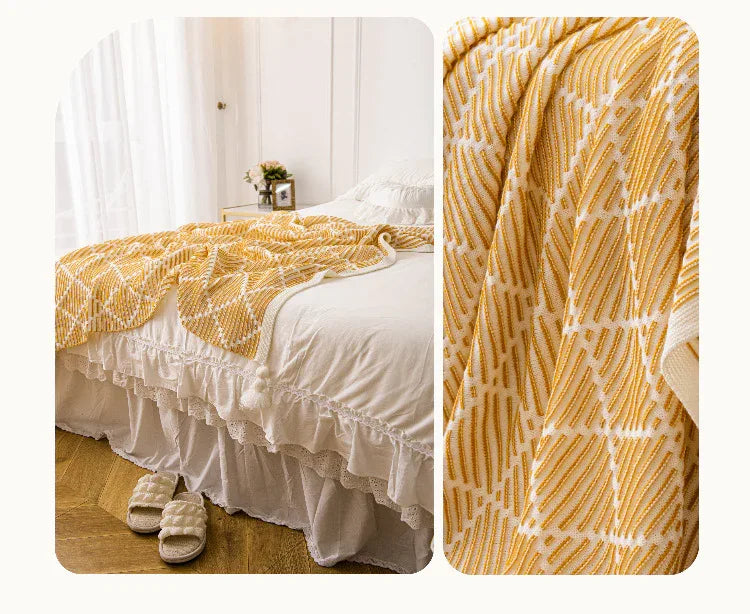 Brown and Beige Diamond Pattern Soft Cozy Knit Throw Blanket with Tassels - Geometric Pattern Lightweight Acrylic Blanket for Sofa Couch Bed, 130x150cm - Mekamart Australia