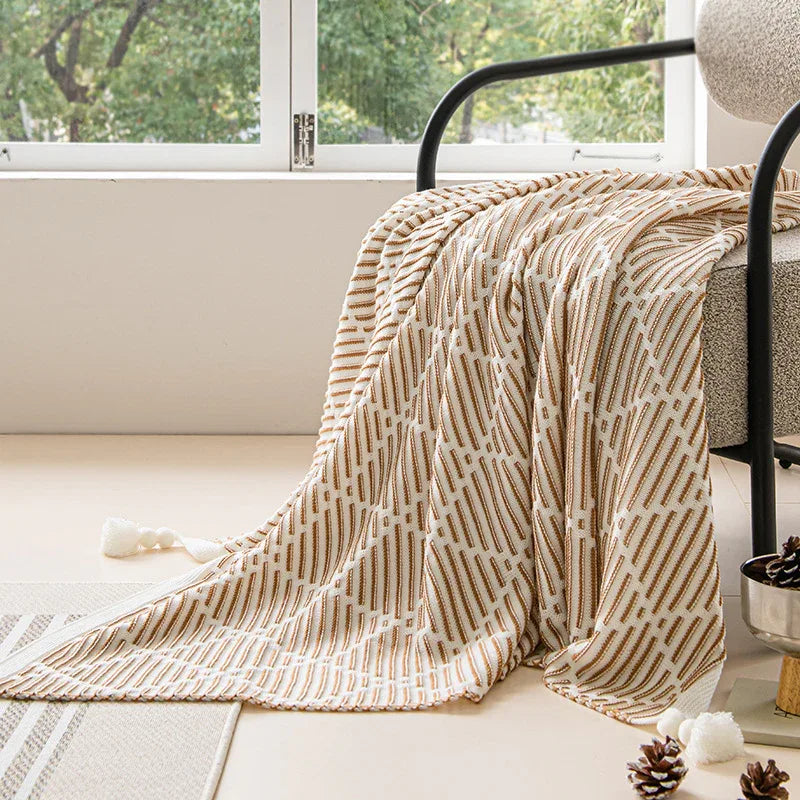 Brown and Beige Diamond Pattern Soft Cozy Knit Throw Blanket with Tassels - Geometric Pattern Lightweight Acrylic Blanket for Sofa Couch Bed, 130x150cm - Mekamart Australia