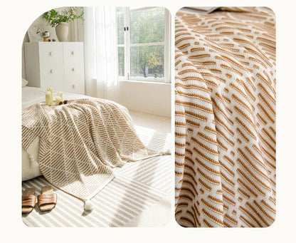 Brown and Beige Diamond Pattern Soft Cozy Knit Throw Blanket with Tassels - Geometric Pattern Lightweight Acrylic Blanket for Sofa Couch Bed, 130x150cm - Mekamart Australia