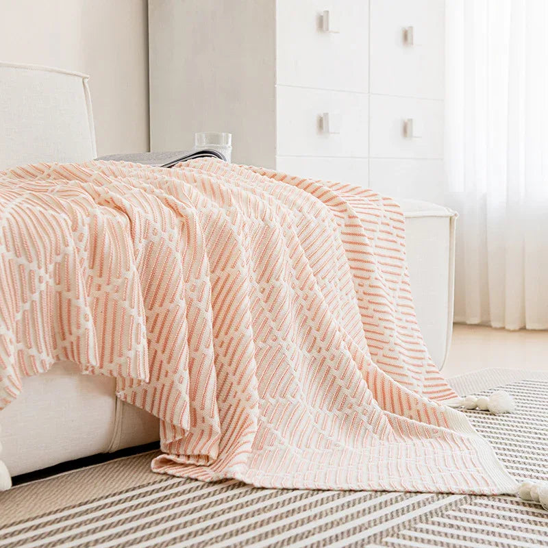 Brown and Beige Diamond Pattern Soft Cozy Knit Throw Blanket with Tassels - Geometric Pattern Lightweight Acrylic Blanket for Sofa Couch Bed, 130x150cm - Mekamart Australia