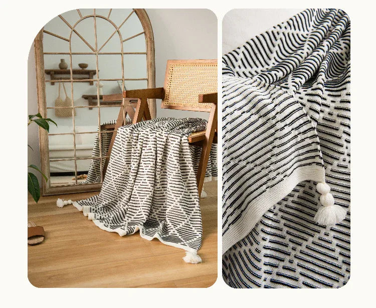 Brown and Beige Diamond Pattern Soft Cozy Knit Throw Blanket with Tassels - Geometric Pattern Lightweight Acrylic Blanket for Sofa Couch Bed, 130x150cm - Mekamart Australia