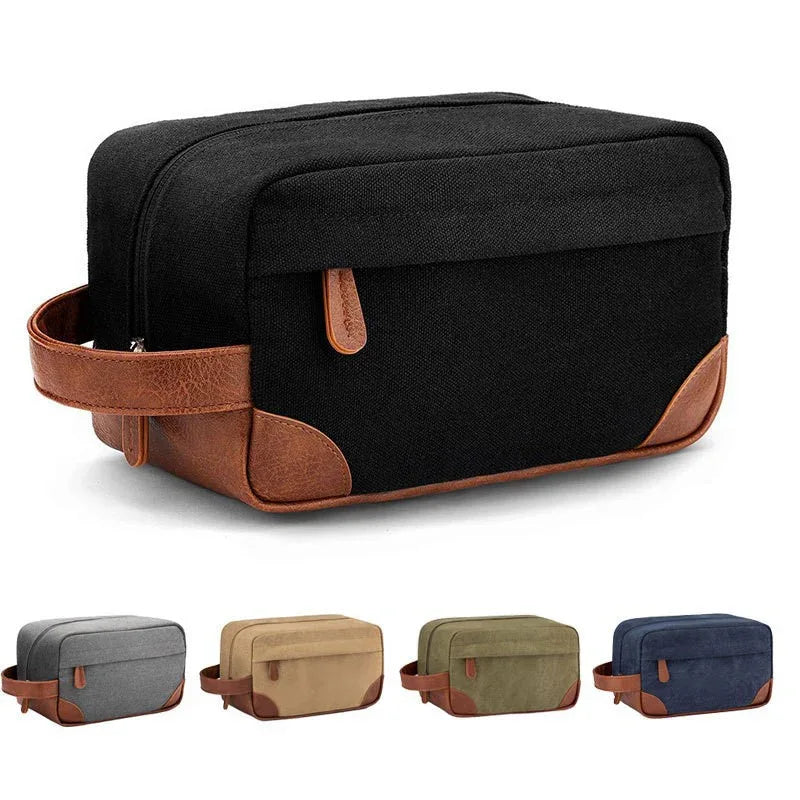 Black And Brown Men's Canvas Toiletry Bag - Large Capacity Water-Resistant Travel Organizer Dopp Kit with Handle - Mekamart Australia