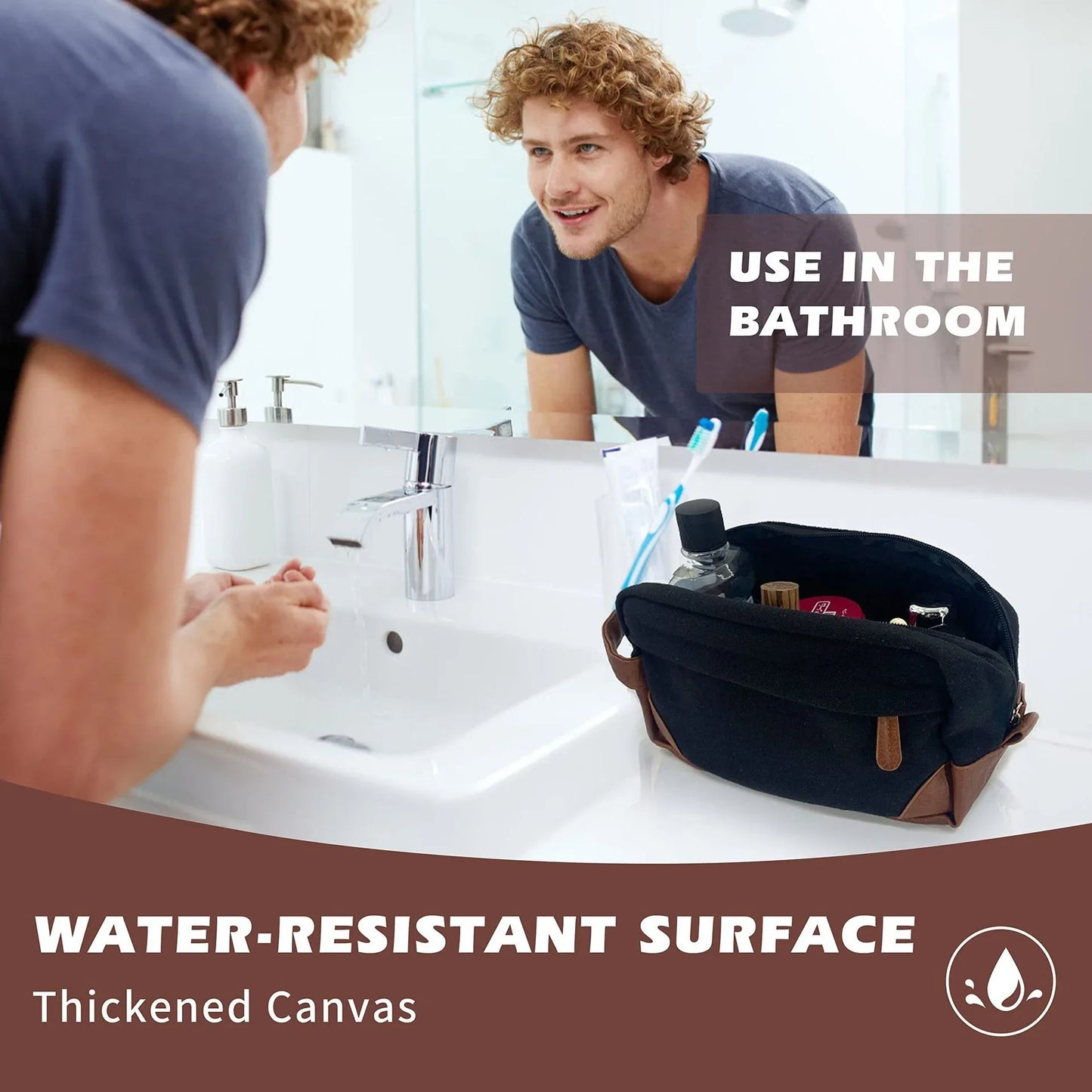 Black And Brown Men's Canvas Toiletry Bag - Large Capacity Water-Resistant Travel Organizer Dopp Kit with Handle - Mekamart Australia