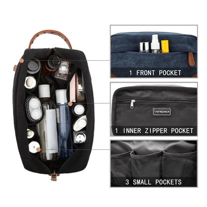 Black And Brown Men's Canvas Toiletry Bag - Large Capacity Water-Resistant Travel Organizer Dopp Kit with Handle - Mekamart Australia