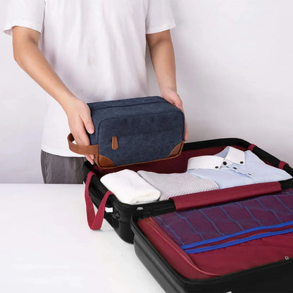 Dark Blue And Brown Men's Canvas Toiletry Bag - Large Capacity Water-Resistant Travel Organizer Dopp Kit with Handle - Mekamart Australia