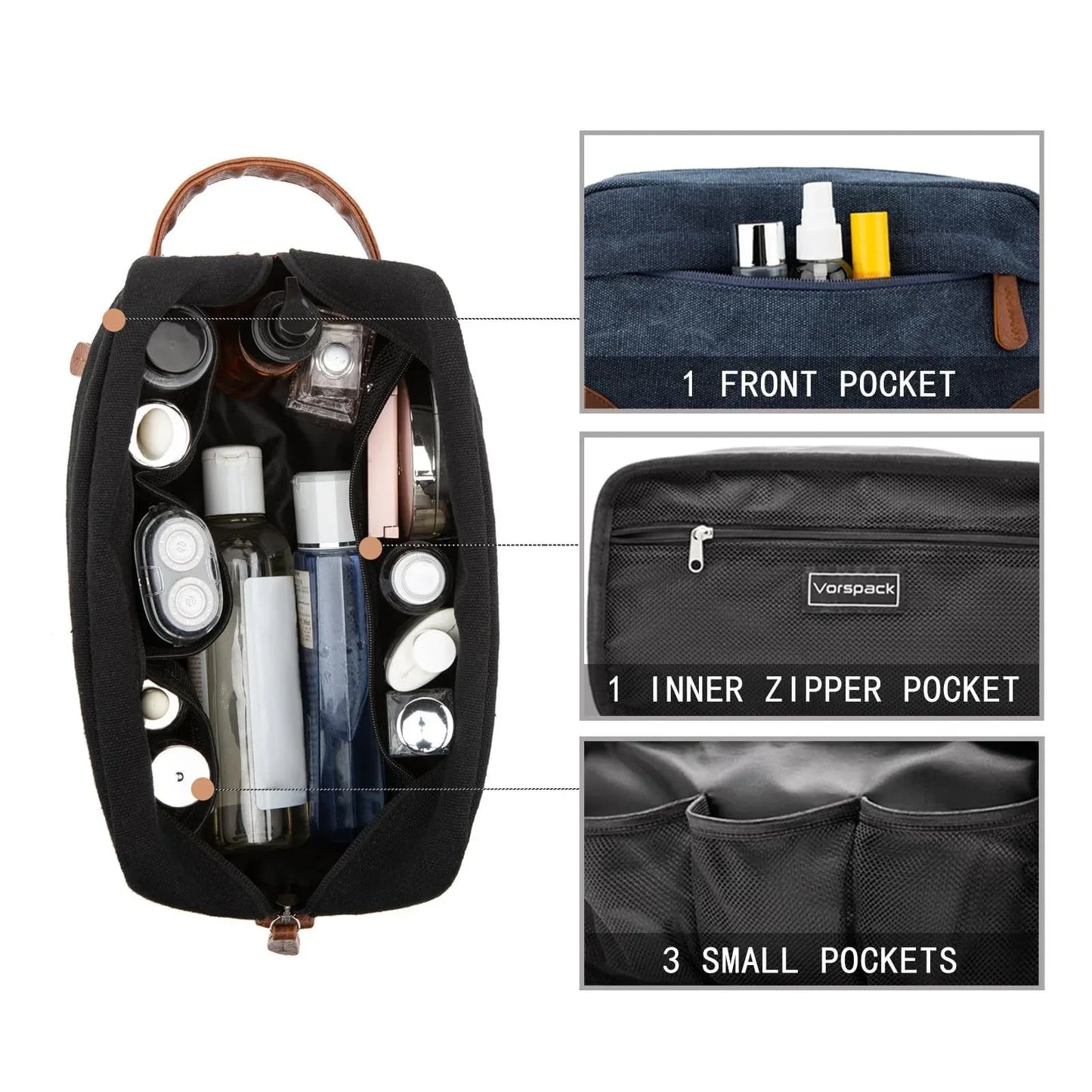 Dark Blue And Brown Men's Canvas Toiletry Bag - Large Capacity Water-Resistant Travel Organizer Dopp Kit with Handle - Mekamart Australia