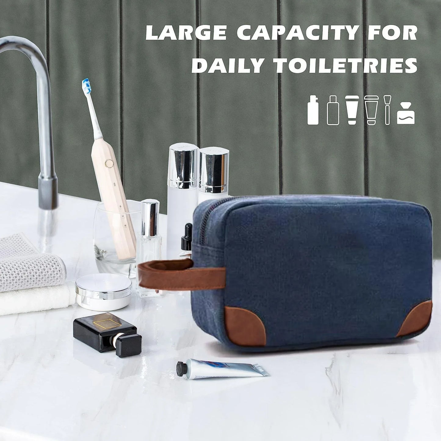 Dark Blue And Brown Men's Canvas Toiletry Bag - Large Capacity Water-Resistant Travel Organizer Dopp Kit with Handle - Mekamart Australia