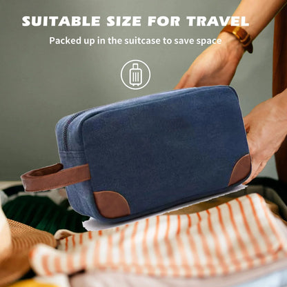 Dark Blue And Brown Men's Canvas Toiletry Bag - Large Capacity Water-Resistant Travel Organizer Dopp Kit with Handle - Mekamart Australia