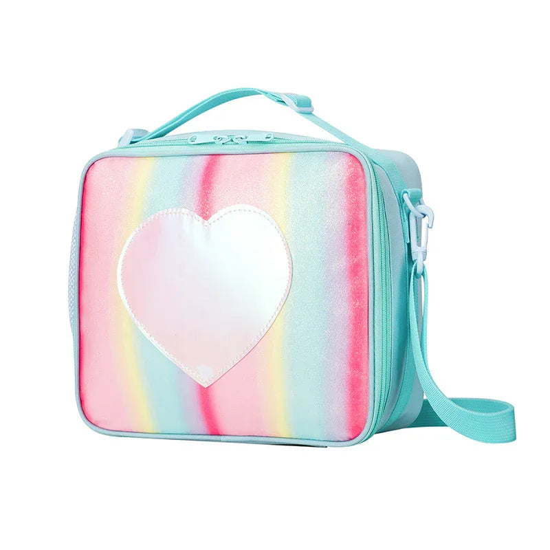 Blue Sparkling Rainbow Heart Insulated Lunch Bag for Kids - Portable School Lunch Box with Shoulder Strap - Mekamart Australia