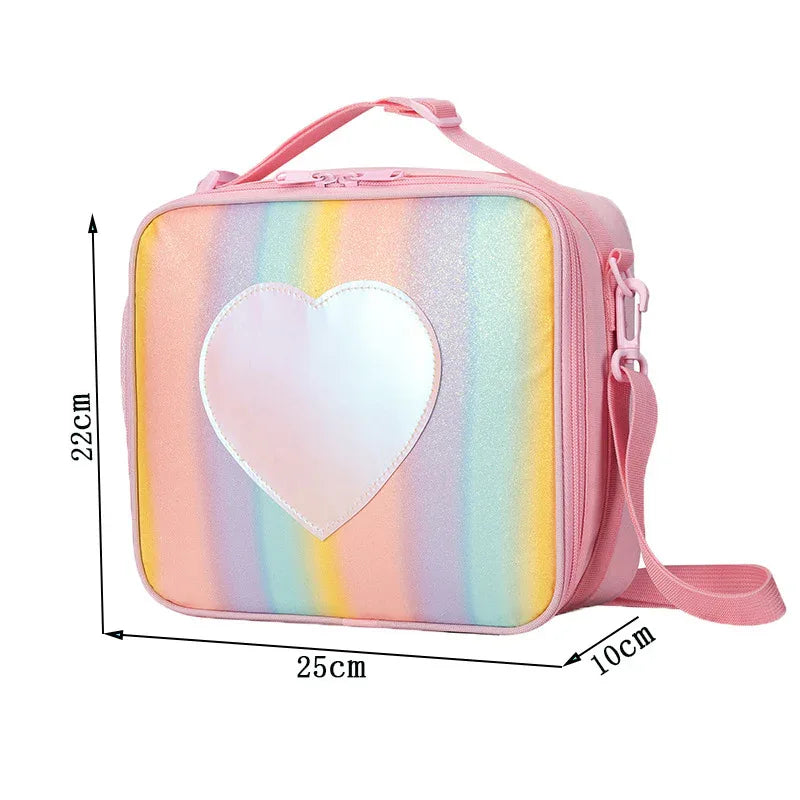 Blue Sparkling Rainbow Heart Insulated Lunch Bag for Kids - Portable School Lunch Box with Shoulder Strap - Mekamart Australia