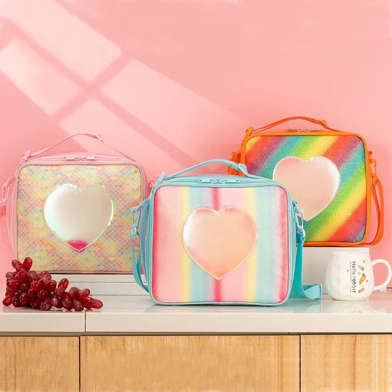 Orange Sparkling Rainbow Heart Insulated Lunch Bag for Kids - Portable School Lunch Box with Shoulder Strap - Mekamart Australia