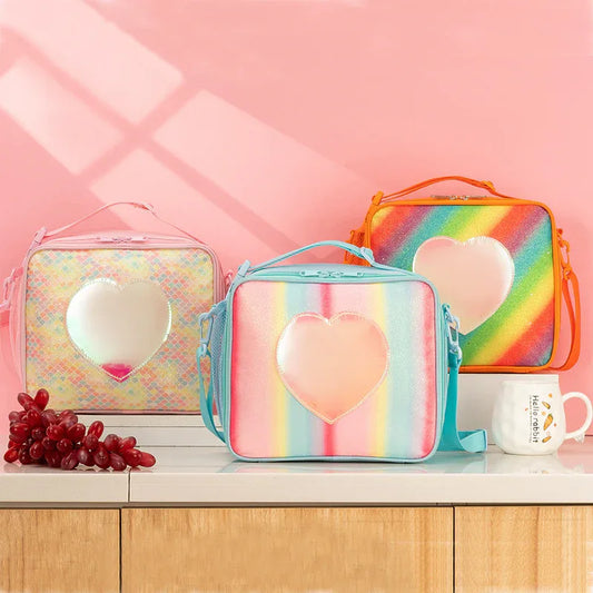 Orange Sparkling Rainbow Heart Insulated Lunch Bag for Kids - Portable School Lunch Box with Shoulder Strap - Mekamart Australia