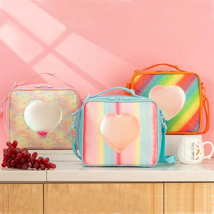 Pink Sparkling Rainbow Heart Insulated Lunch Bag for Kids - Portable School Lunch Box with Shoulder Strap - Mekamart Australia