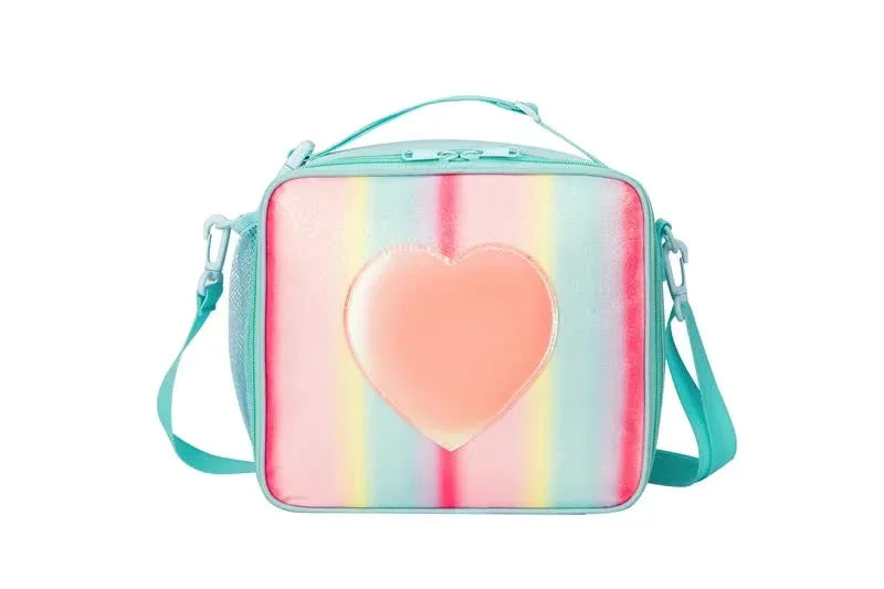 Pink Sparkling Rainbow Heart Insulated Lunch Bag for Kids - Portable School Lunch Box with Shoulder Strap - Mekamart Australia