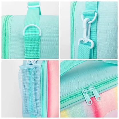 Pink Sparkling Rainbow Heart Insulated Lunch Bag for Kids - Portable School Lunch Box with Shoulder Strap - Mekamart Australia