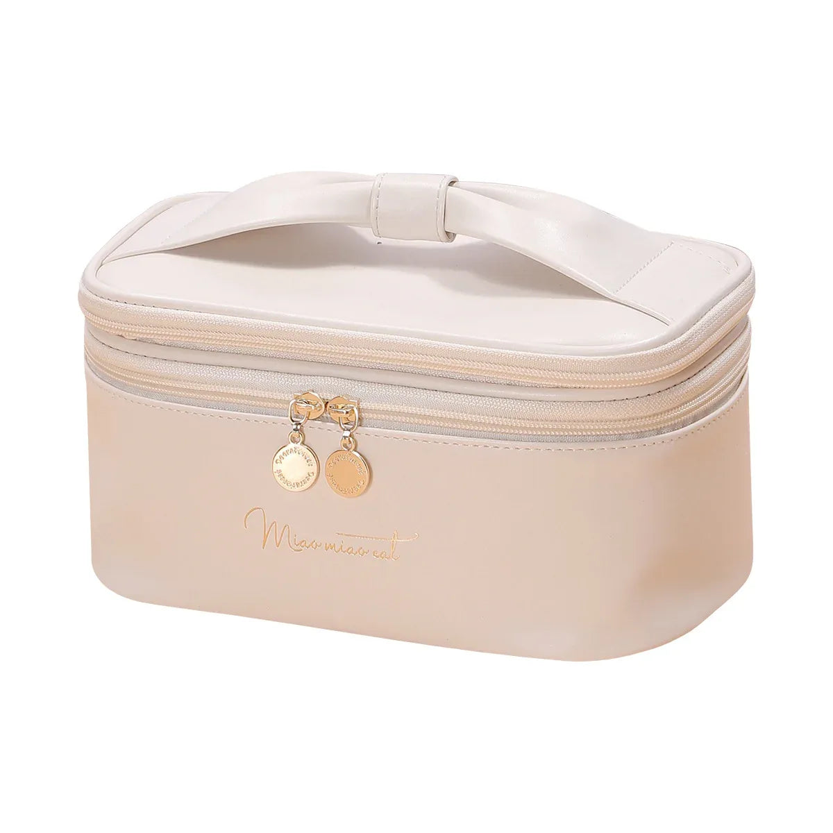 Beige Stylish PU Leather Makeup Bag - Large Capacity Double Layer Waterproof Travel Cosmetic Organizer Case for Women - Mekamart Australia
