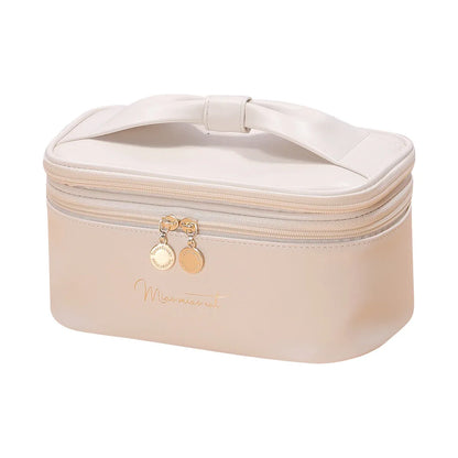 Beige Stylish PU Leather Makeup Bag - Large Capacity Double Layer Waterproof Travel Cosmetic Organizer Case for Women - Mekamart Australia