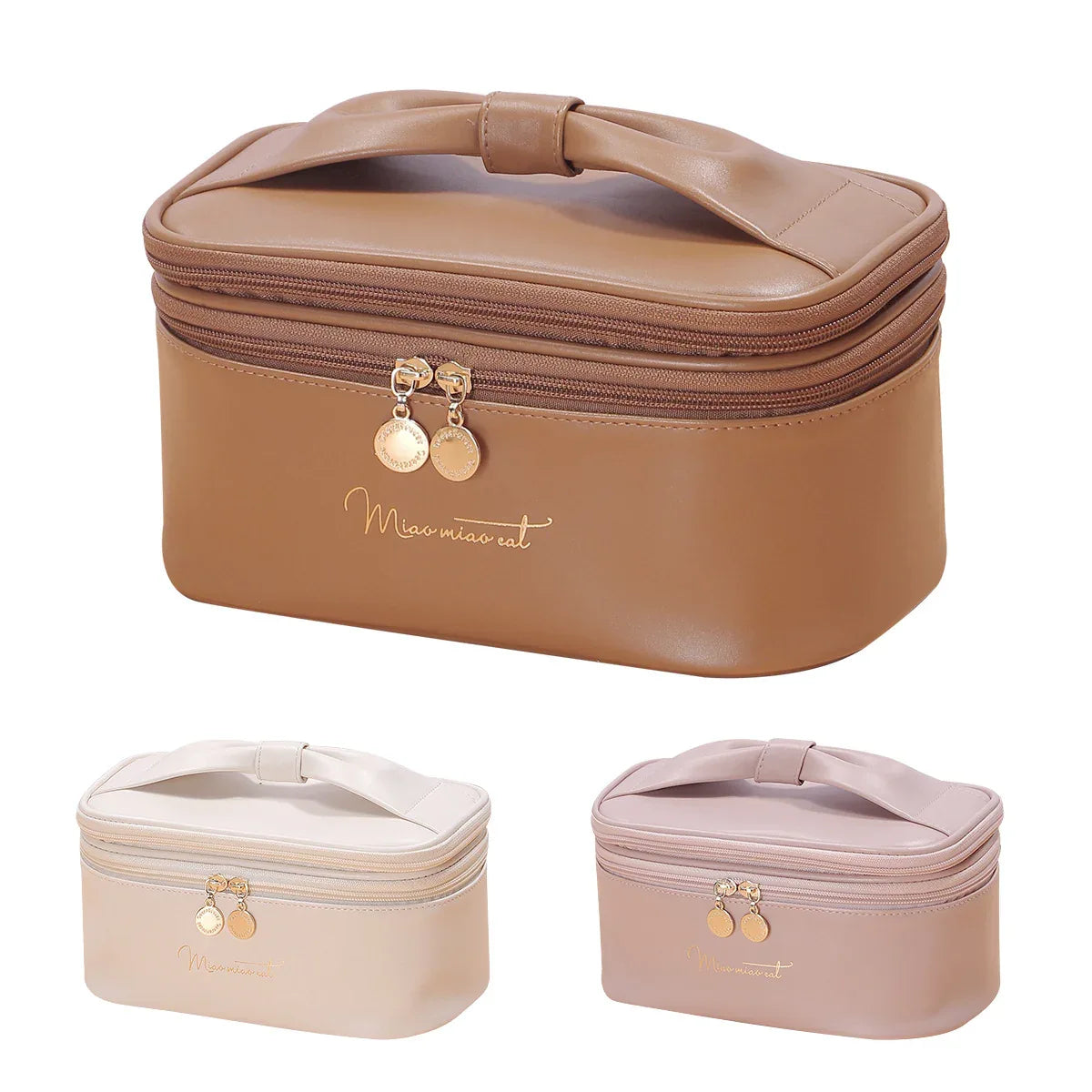 Beige Stylish PU Leather Makeup Bag - Large Capacity Double Layer Waterproof Travel Cosmetic Organizer Case for Women - Mekamart Australia