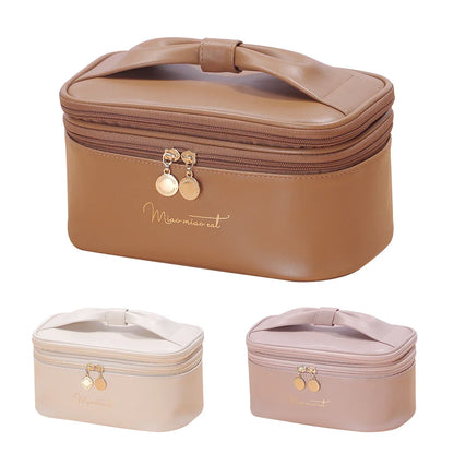 Beige Stylish PU Leather Makeup Bag - Large Capacity Double Layer Waterproof Travel Cosmetic Organizer Case for Women - Mekamart Australia
