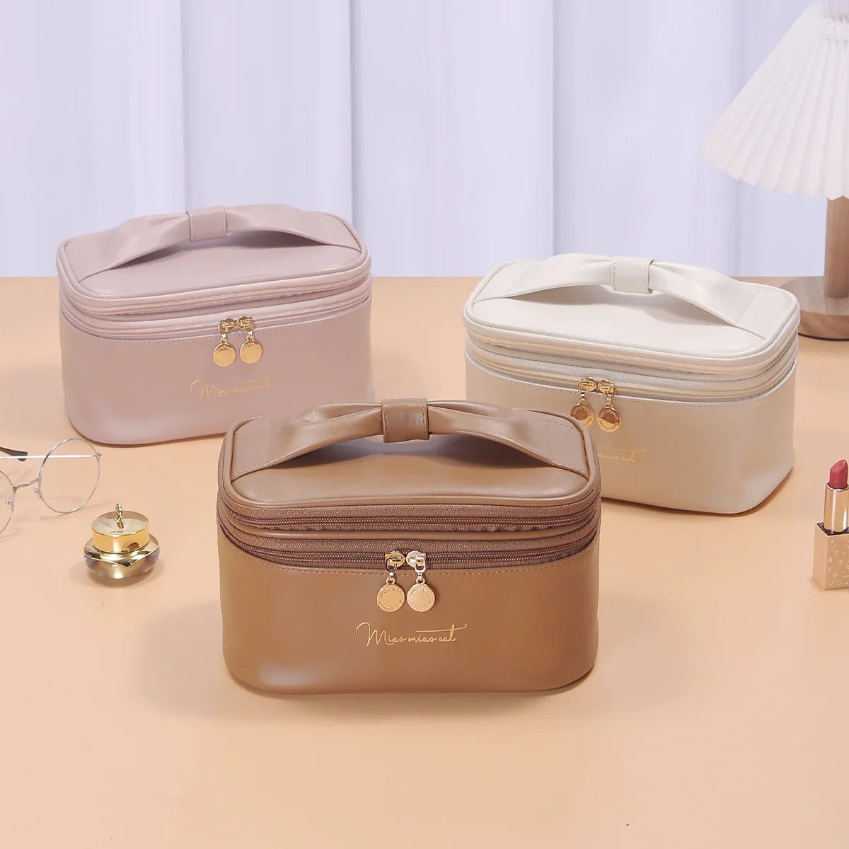 Beige Stylish PU Leather Makeup Bag - Large Capacity Double Layer Waterproof Travel Cosmetic Organizer Case for Women - Mekamart Australia