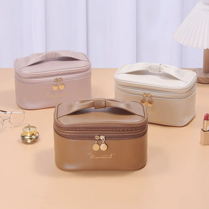 Beige Stylish PU Leather Makeup Bag - Large Capacity Double Layer Waterproof Travel Cosmetic Organizer Case for Women - Mekamart Australia