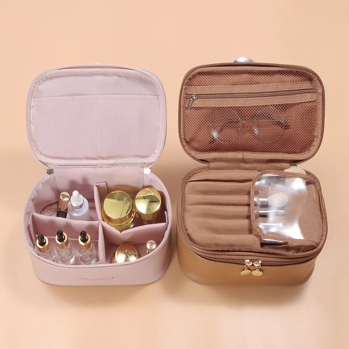 Beige Stylish PU Leather Makeup Bag - Large Capacity Double Layer Waterproof Travel Cosmetic Organizer Case for Women - Mekamart Australia