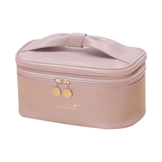 Pink Stylish PU Leather Makeup Bag - Large Capacity Double Layer Waterproof Travel Cosmetic Organizer Case for Women - Mekamart Australia