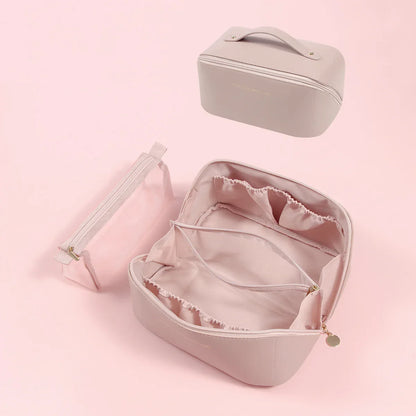 Pink Elegant PU Leather Makeup Bag & Toiletry Organizer with Detachable Mesh Pouch - Large Capacity Travel Cosmetic Case - Mekamart Australia