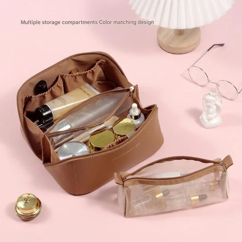 Brown Elegant PU Leather Makeup Bag & Toiletry Organizer with Detachable Mesh Pouch - Large Capacity Travel Cosmetic Case - Mekamart Australia