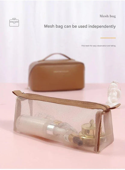 Brown Elegant PU Leather Makeup Bag & Toiletry Organizer with Detachable Mesh Pouch - Large Capacity Travel Cosmetic Case - Mekamart Australia