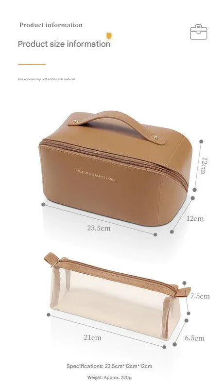 Brown Elegant PU Leather Makeup Bag & Toiletry Organizer with Detachable Mesh Pouch - Large Capacity Travel Cosmetic Case - Mekamart Australia