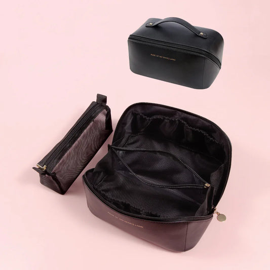 Black Elegant PU Leather Makeup Bag & Toiletry Organizer with Detachable Mesh Pouch - Large Capacity Travel Cosmetic Case - Mekamart Australia