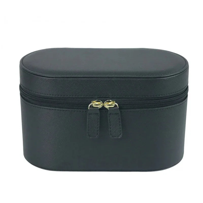 Black Elegant PU Leather Makeup & Toiletry Bag - Large Capacity Travel Cosmetic Organizer with Brush Holder - Mekamart Australia